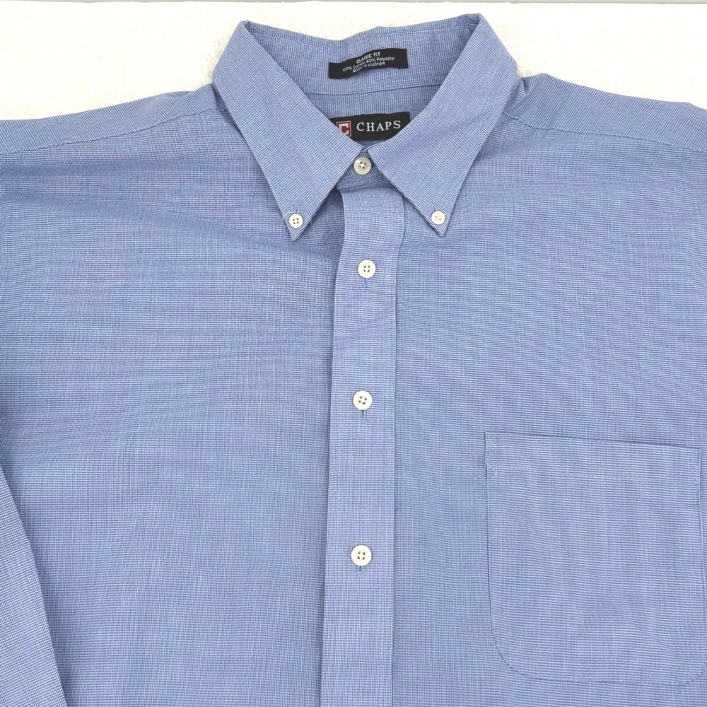 Chaps Dress Shirt Mens XL Blue Wrinkle Free Micro-Houndstooth Classic Fit Preppy